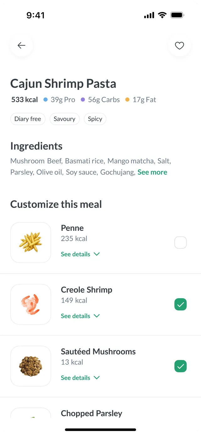 Customise this meal: tick ingredients on or off, with live calories