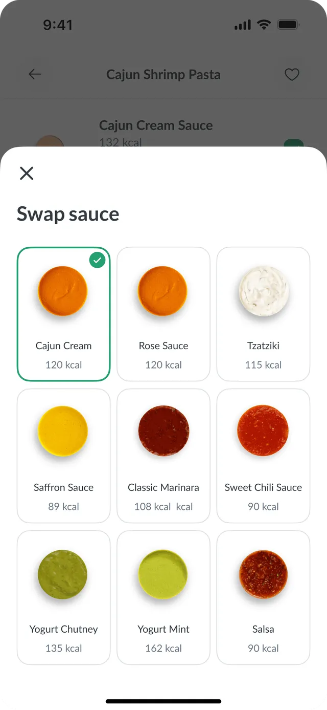 Swap sauce grid with sauce options and their calories