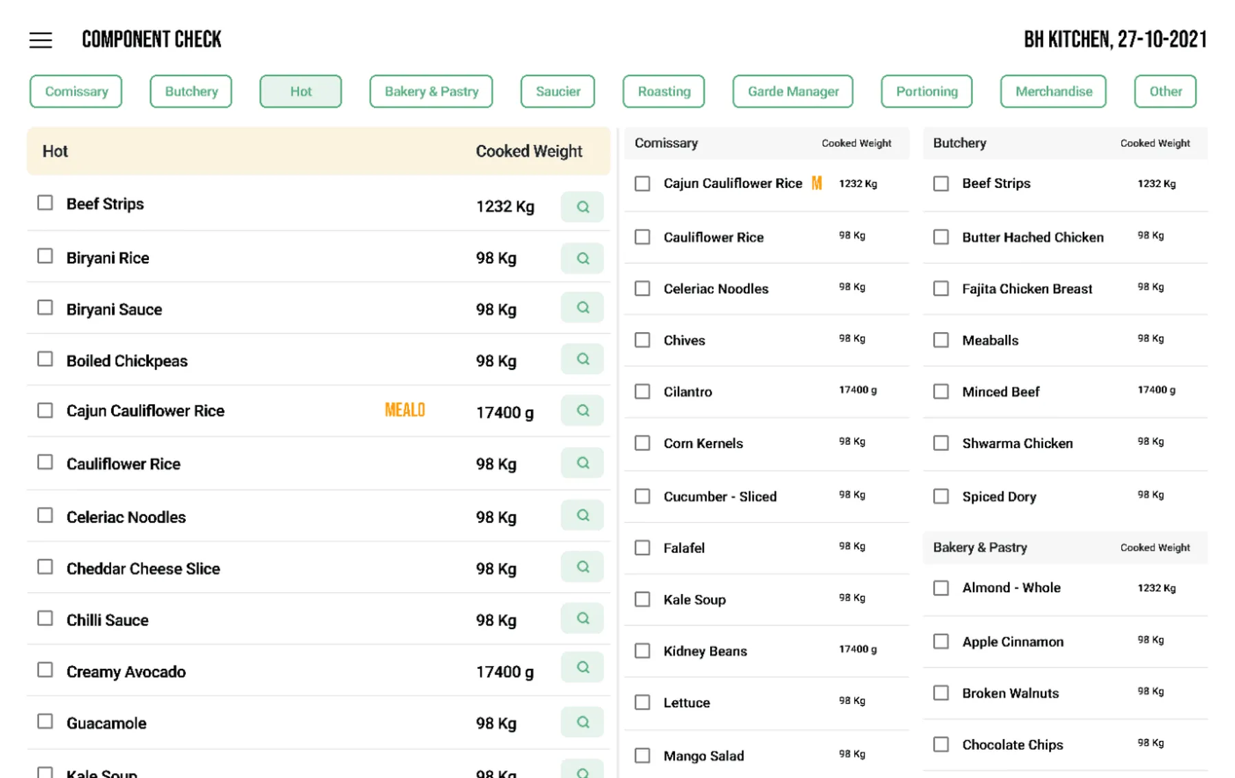 Component check: components listed by station with weights and a search on every row