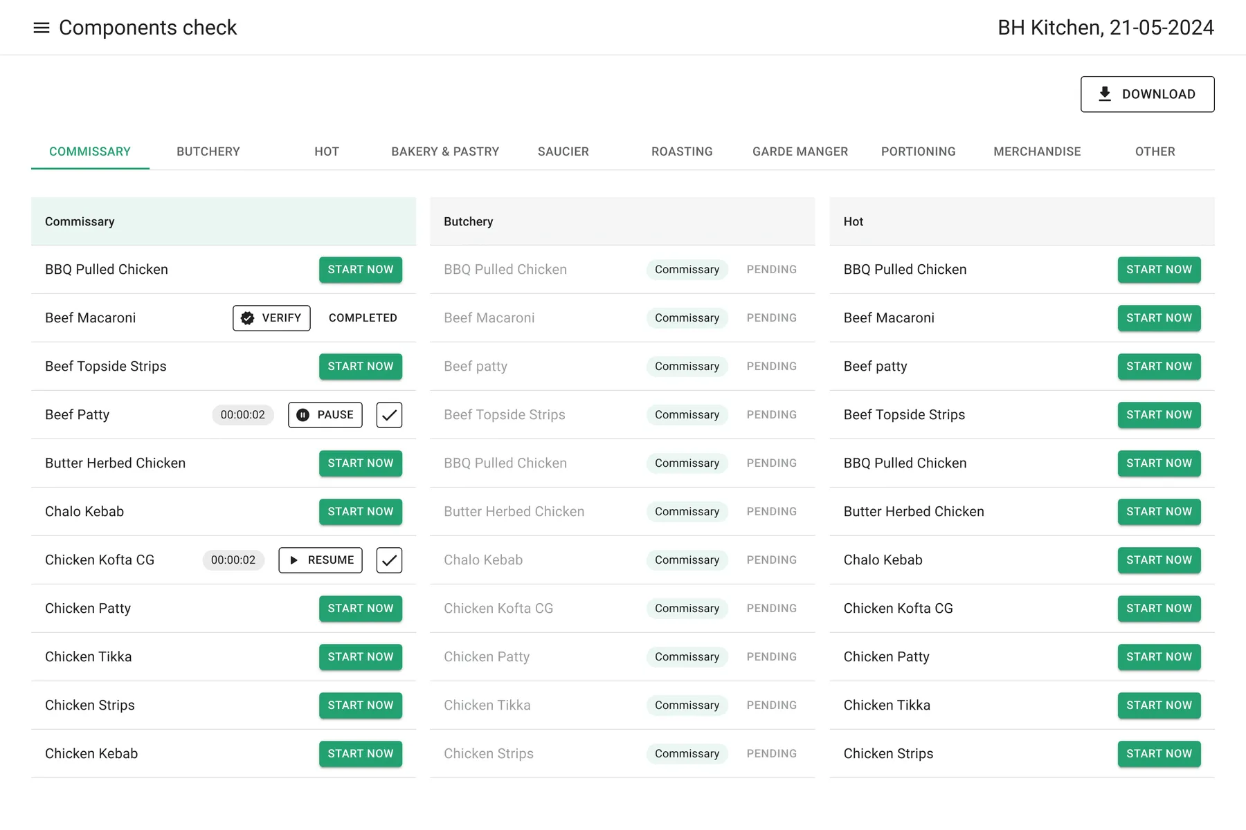 Components check: station tabs across the top and a Start now button per component