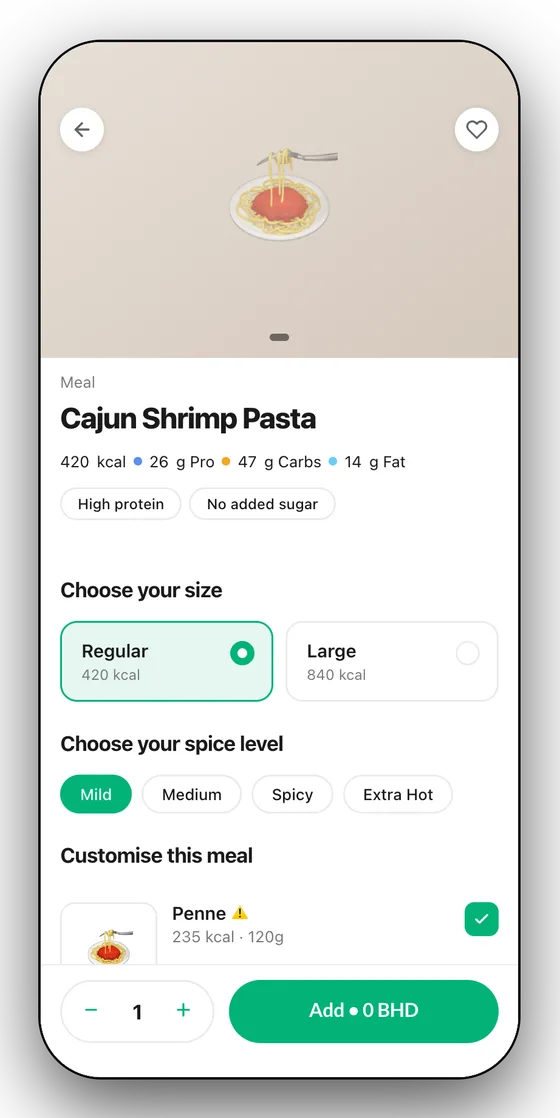 Meal detail with macros, size and spice options, and customisation